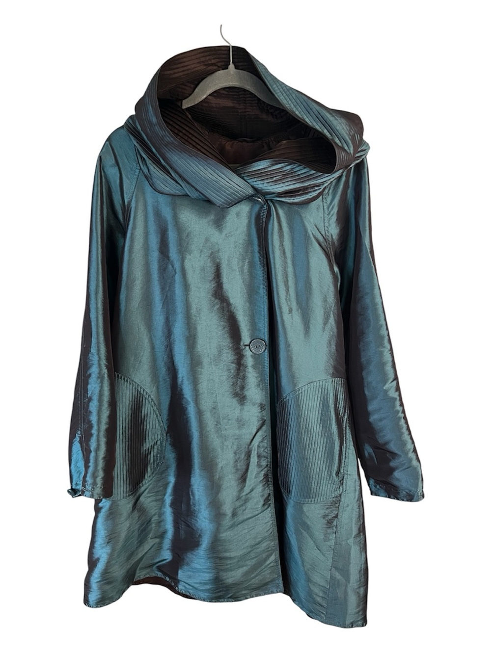 UbU Reversible Iridescent Teal/brown Swing Satin Micro Pleat Hooded Rain Coat